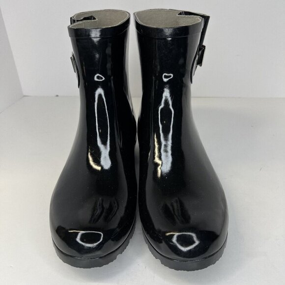 Nomad Dew Waterproof Rain Boots Womens Size 8 Silver Buckle Shiny Solid Black - Picture 3 of 9